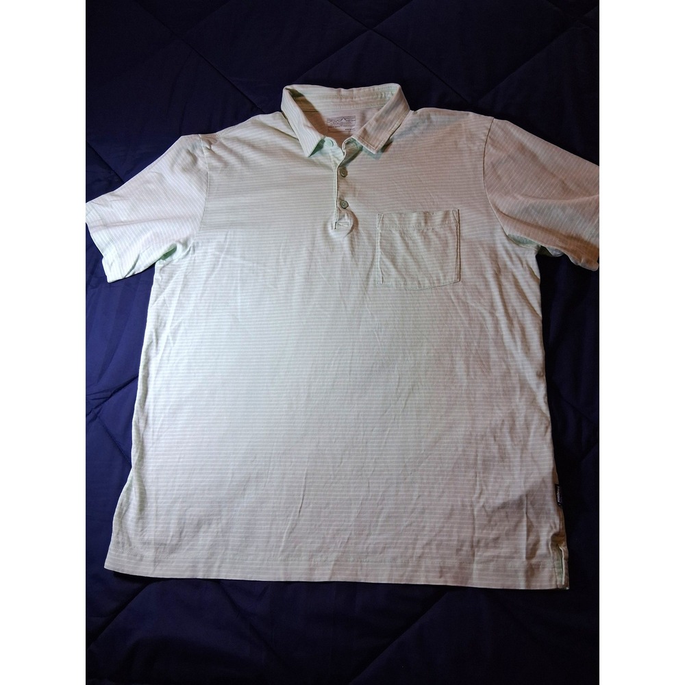 Patagonia Mens Large Polo Shirt Green White Striped Short Sleeve Pocket Casual